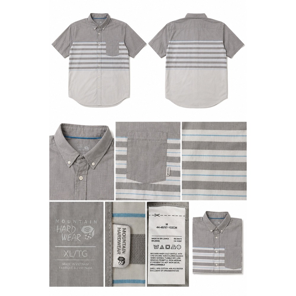 Mountain Hardwear Mens XL Grey Striped Short Sleeve Button Down Shirt Hiking
